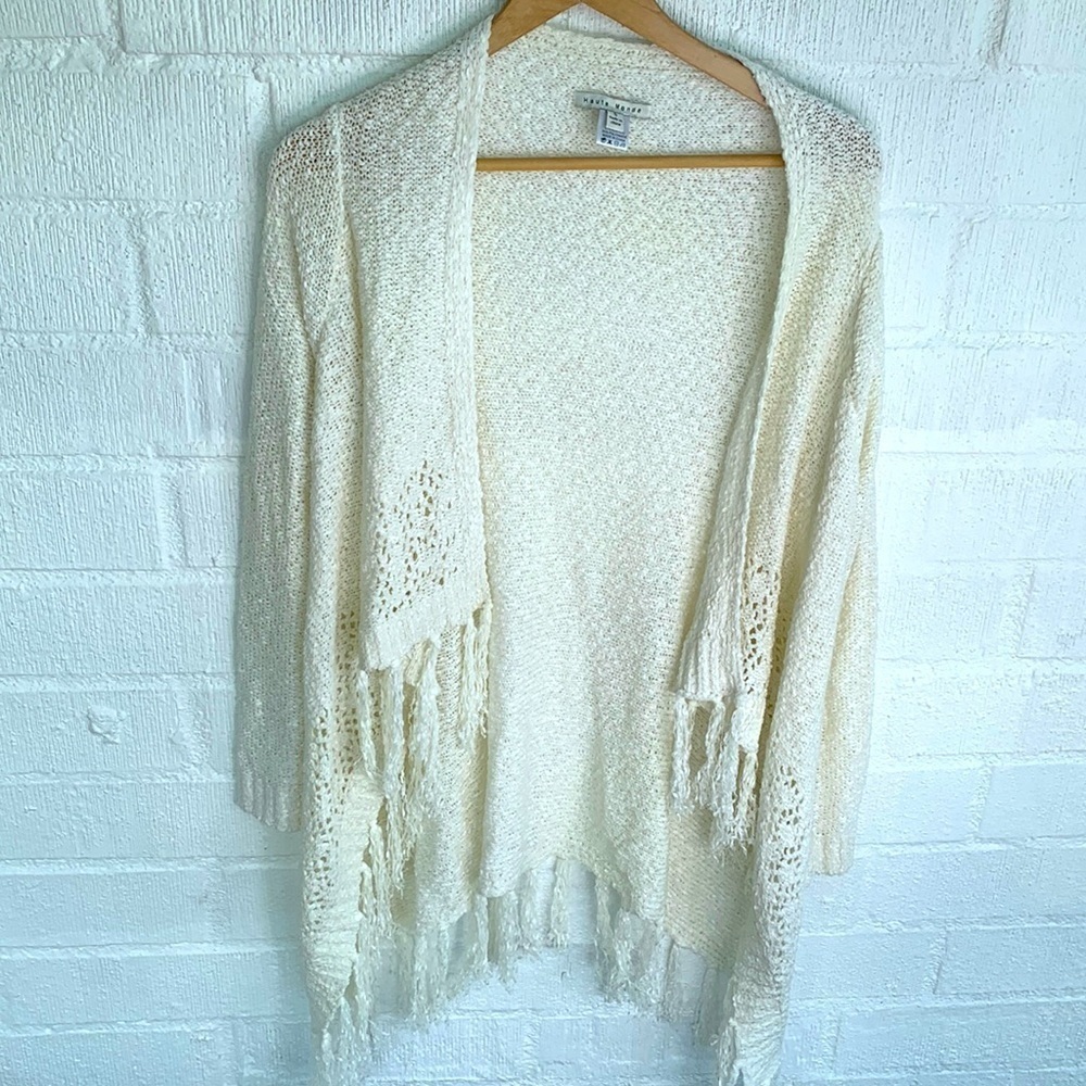Haute Monde White Waterfall Fringe Open Front Cardigan Acrylic Knit Sweater Sz S